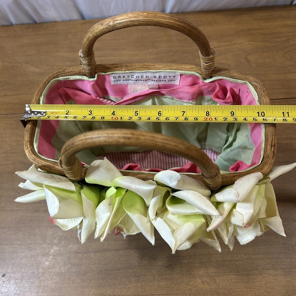 Gretchen Scott Top Handle Bag Womens Small Brown Wicker Flower Purse *SPOTS* - Picture 2 of 6